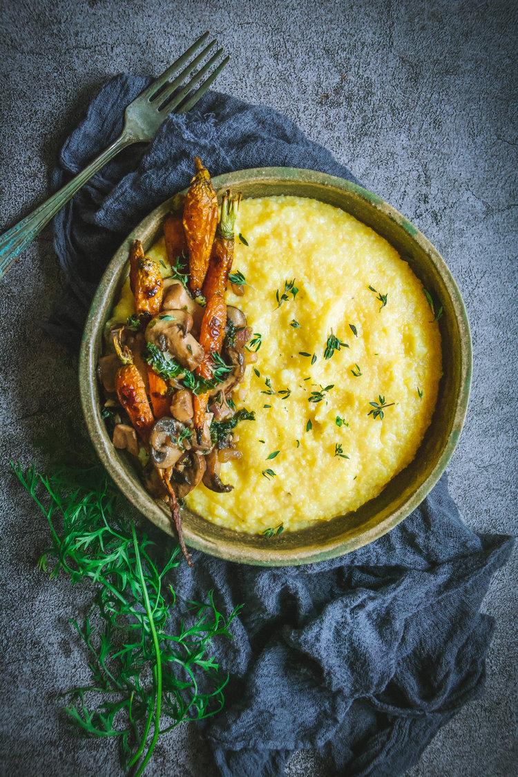 Polenta with Mushrooms, Kale and Roasted Carrots from Calm Eats