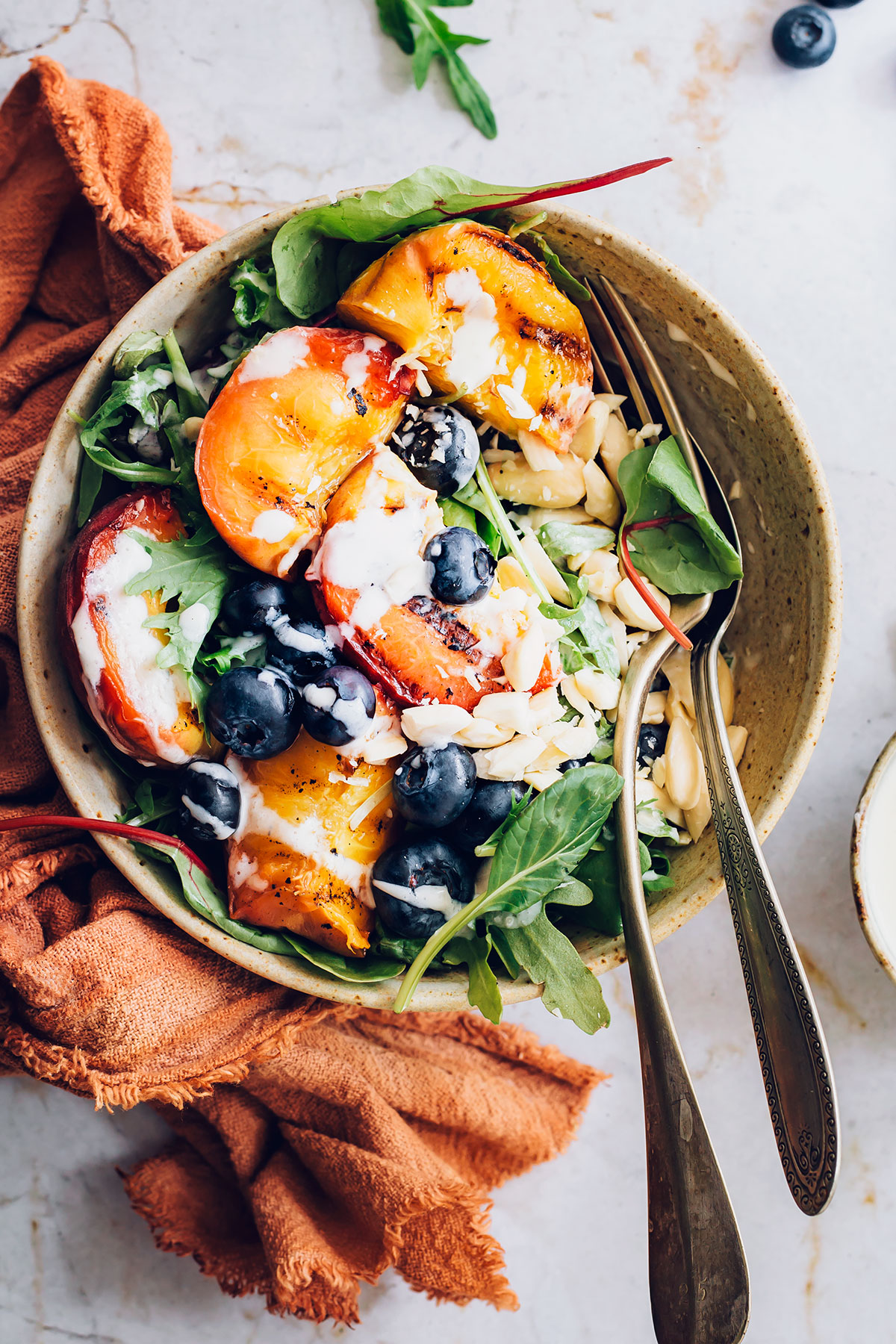 Butter Lettuce and Broiled Peach Salad with Sheep's Cheese Toasts