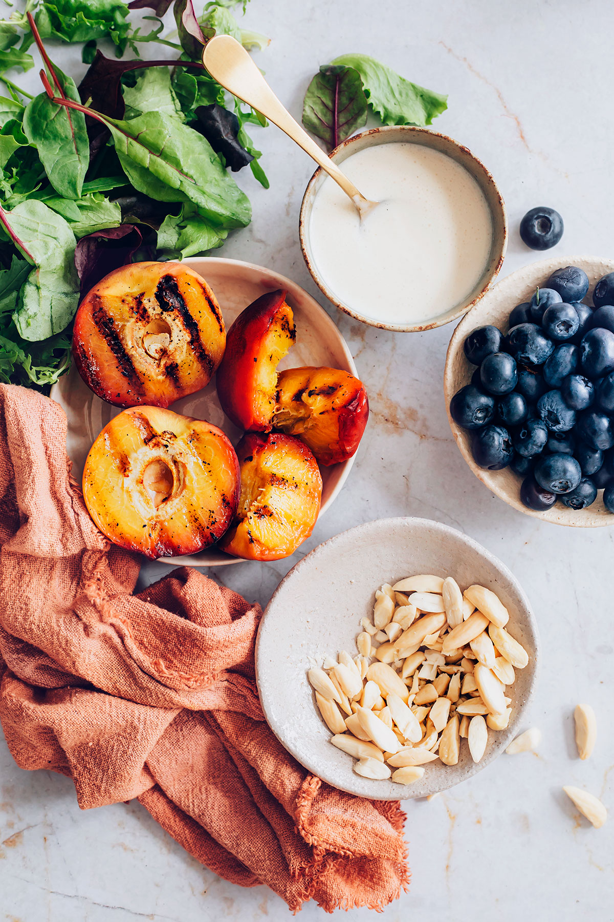 Grilled Peach Salad + Goat Cheese Dressing - HelloVeggie.co