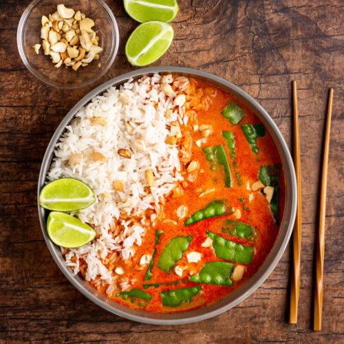 Simple Snow Peas with Red Curry Coconut Broth